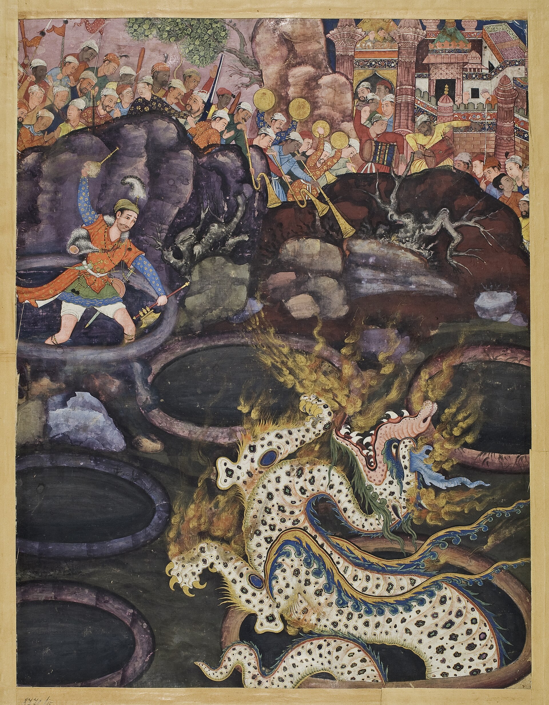 Imagem de referência de Umar derrota um dragão, descrito nos dados abertos como pintura no manuscrito de Hamzanama