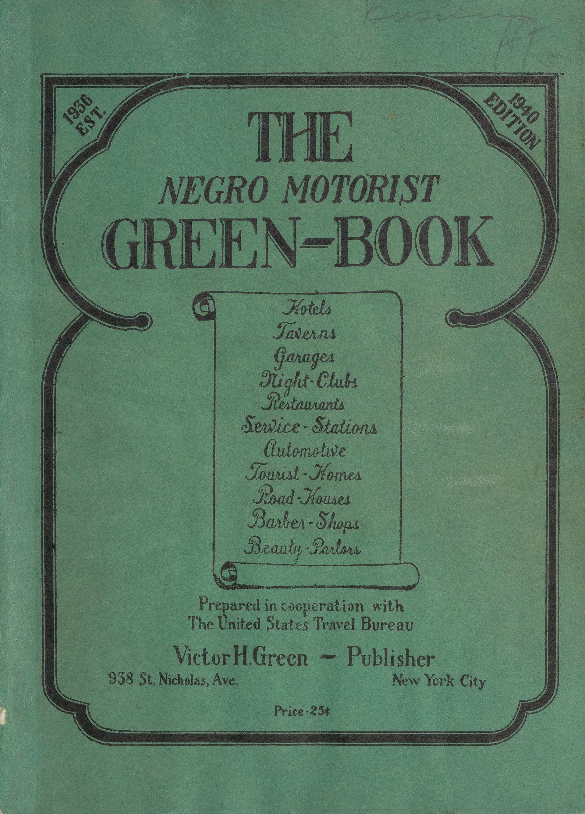 Imagem de referência de O livro verde para o motorista negro, descrito nos dados abertos como guia anual para viajantes afro-americanos de carro, publicado entre 1936-1966