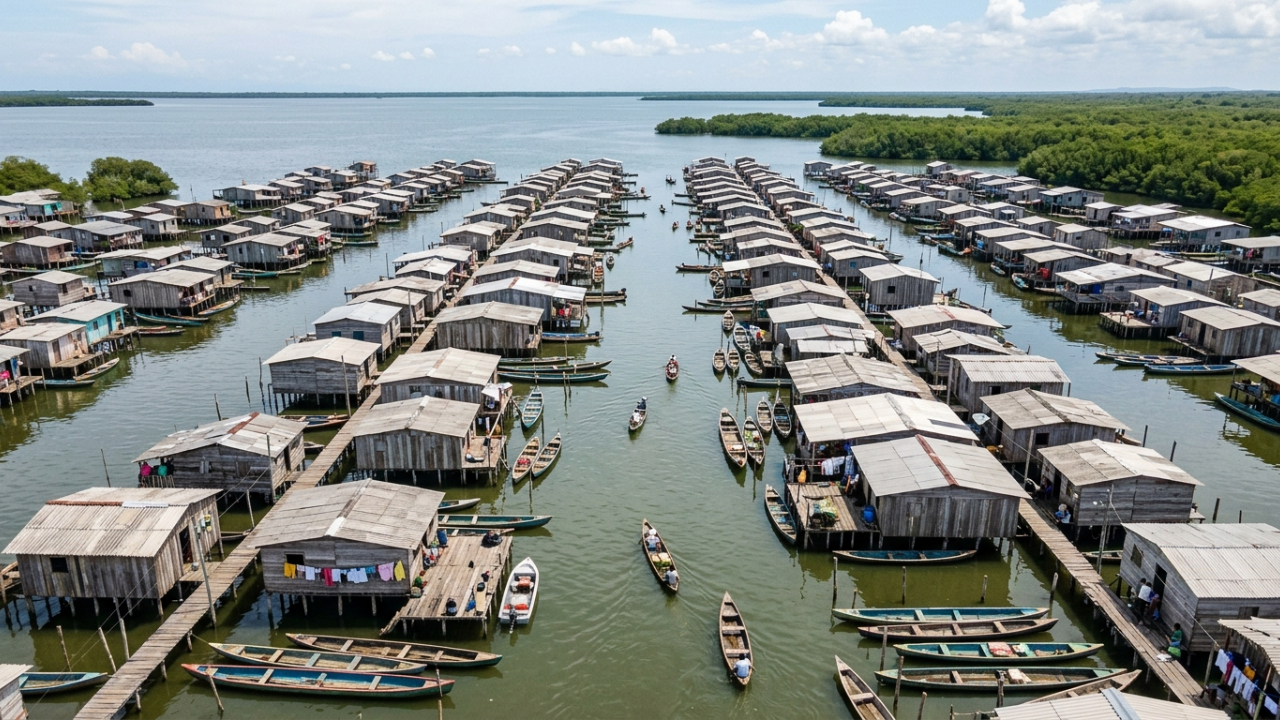 Cerca de 2.000 pessoas vivem em mais de 492 palafitos no meio da Ciénaga Grande, onde a água substitui ruas e canoas moldam o cotidiano