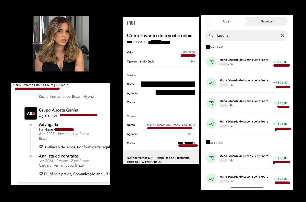 Comprovantes de Pix mostram pagamentos feitos pela advogada Duda Lucena, da bet “Aposta Ganha” a internautas que faziam elogios a Raquel Lyra e criticavam João Campos