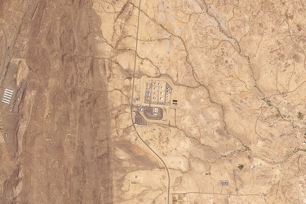 This satellite image provided by Planet Labs PBC shows a Saudi Aramco oil refinery north of Abha, Saudi Arabia, shortly before a plume of smoke began rising from the facility Tuesday, Sept. 8, 2026. (Planet Labs PBC via AP)