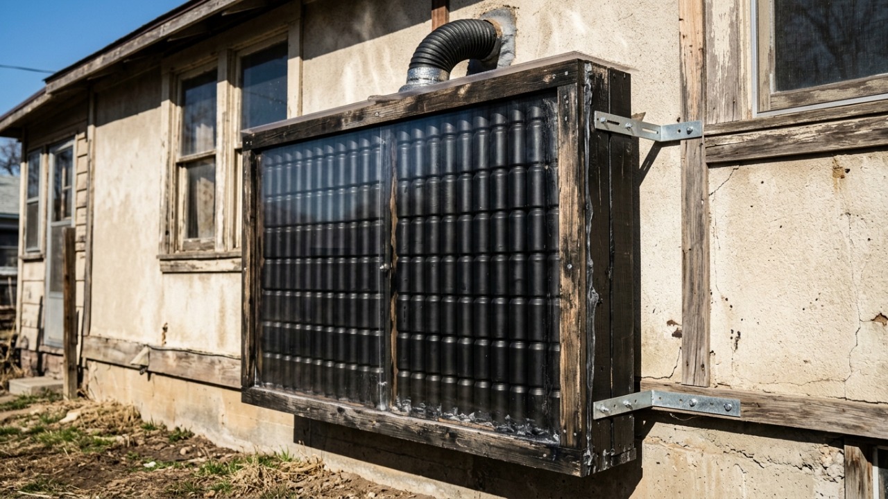 O aquecedor solar feito com latas de alumínio que aproveita a luz do sol para esquentar o ar antes de enviá-lo para dentro de casa