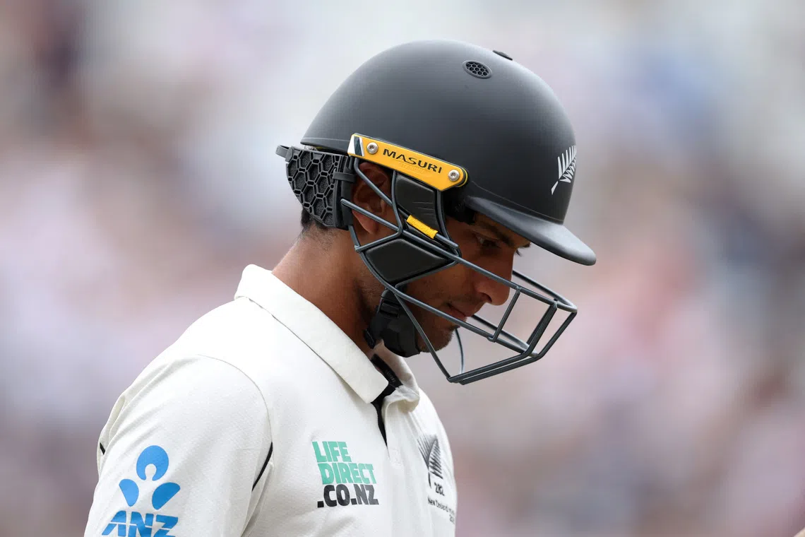 FILE PHOTO: Cricket - England v New Zealand - Third Test - Trent Bridge Cricket Ground, Nottingham, Britain - June 28, 2026 New Zealand's Rachin Ravindra walks off after losing his wicket to the bowling of England's Shoaib Bashir Action Images via Reuters/Andrew Boyers/ File Photo