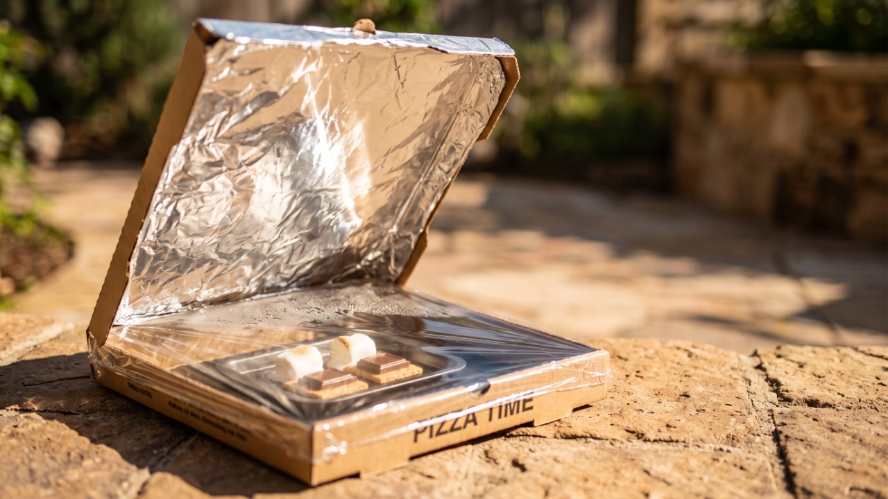 A invenção caseira com uma caixa de pizza, papel-alumínio e plástico transparente que transforma a luz do sol em um pequeno forno solar para aquecer alimentos