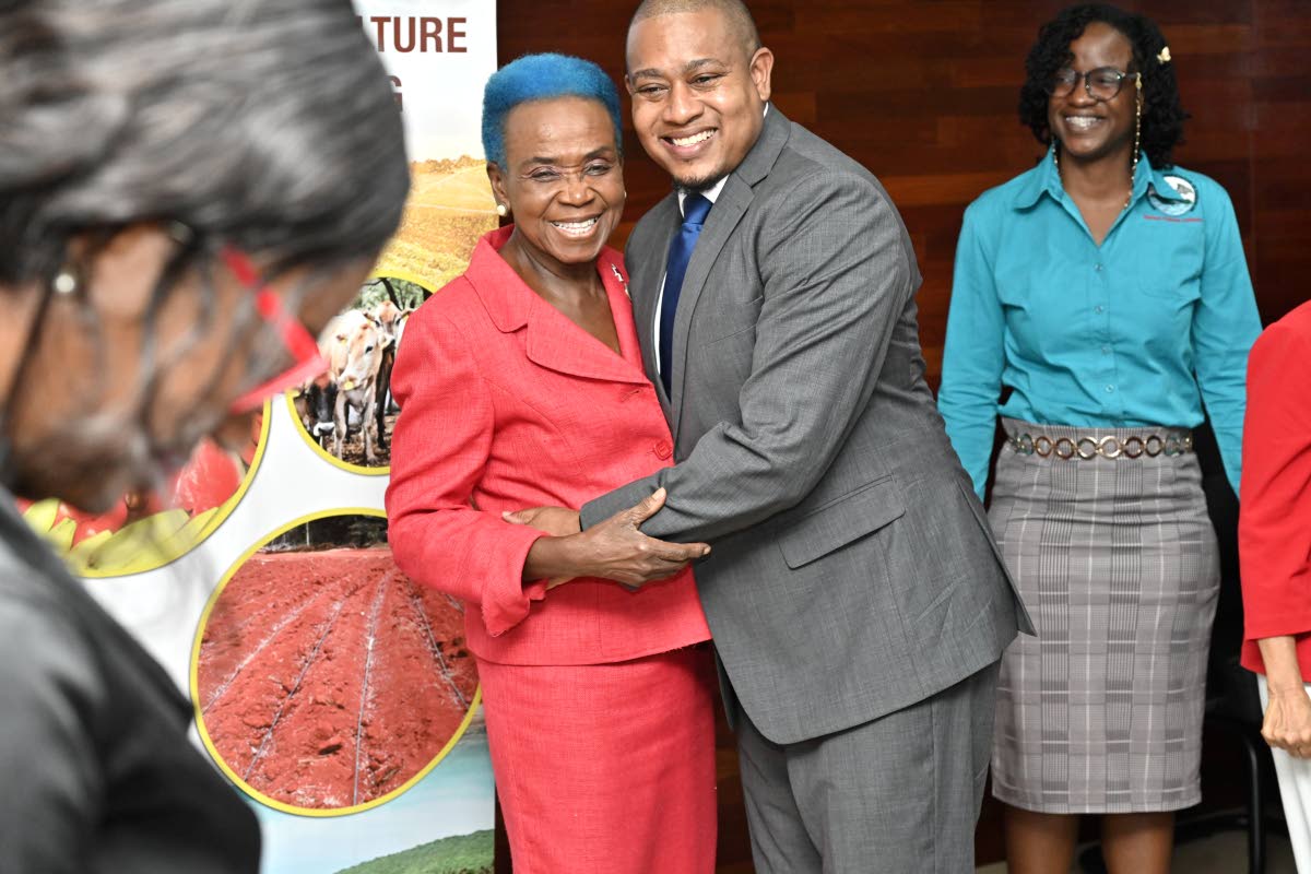 Yvonne Clarke, director general of the Jamaica Red Cross (JRC), gives Floyd Green, minister of agriculture, fisheries and mining; a hug after presenting a cheque for $192 million during the a press briefing hosted by the agriculture ministry at its St Andr