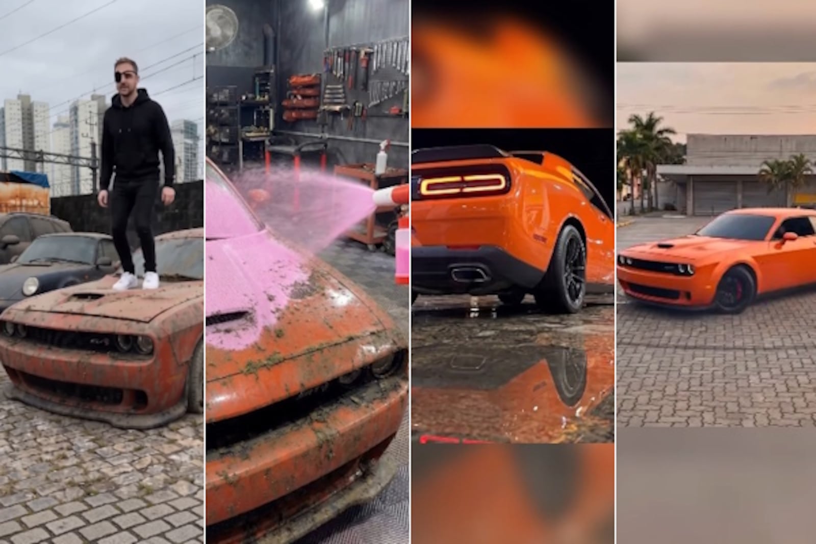 Carro esportivo laranja durante restauração
