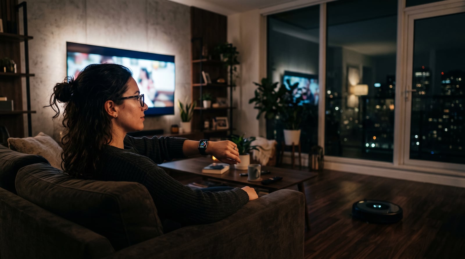 uma pessoa em um apartamento moderno à meia-luz usando relógio inteligente e óculos, com o brilho da Smart TV e a silhueta do robô aspirador ao fundo