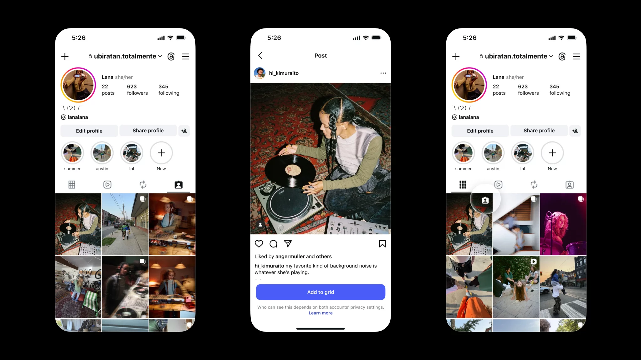 Montagem mostra três telas do Instagram com o novo recurso que permite adicionar publicações marcadas ao grid do perfil