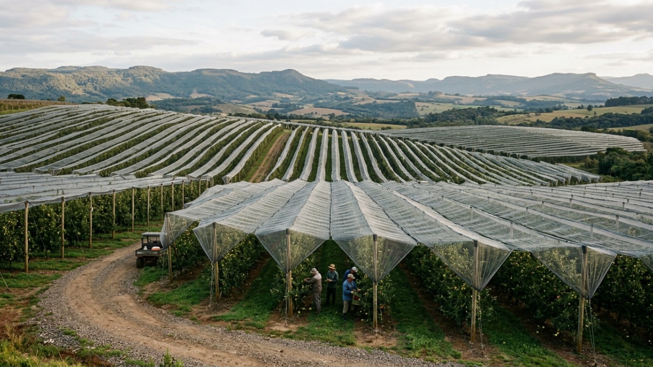 A cidade gaúcha onde granizo e geada ameaçam uma das maiores regiões produtoras de maçã do país, e agricultores cobrem pomares com enormes telas