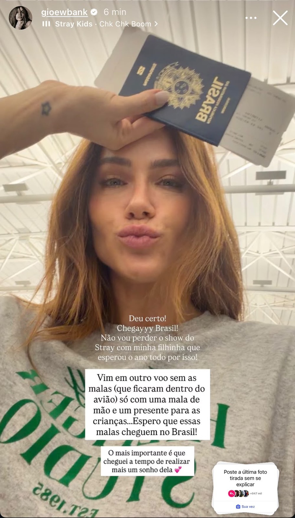 Giovanna Ewbank chega ao Brasil a tempo de realizar sonho de Titi no Rock in Rio: 'Vim sem as malas' — Foto: Instagram/ Reprodução