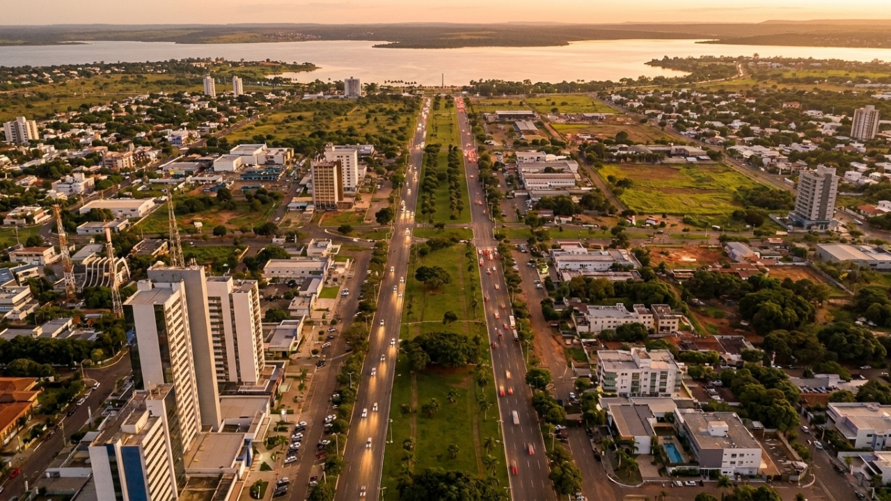 Vista do alto, uma das capitais mais jovens do Brasil, parece um enorme tabuleiro cortado por duas avenidas que organizam grandes quadras planejadas