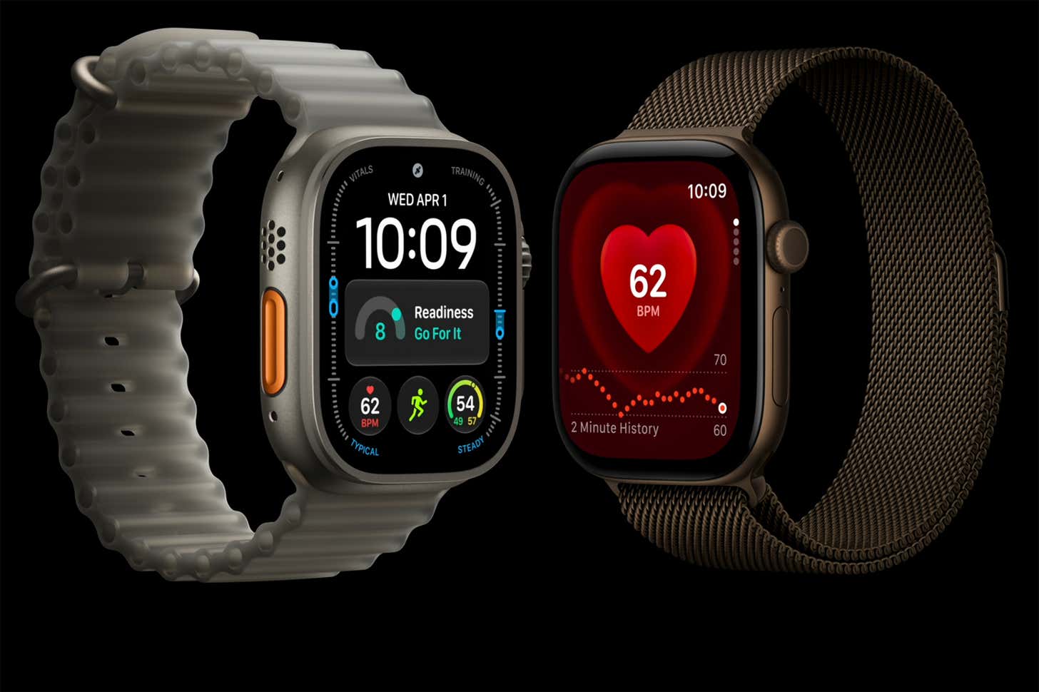 Two Apple Watches sit side-by-side against a black background. The watch on the left is an Apple Watch Ultra 4 and displays readiness data, while the watch on the right is an Apple Watch Series 12 and shows a red heart rate screen reading 62 BPM.