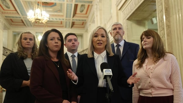 The Sinn Féin team speak to reporters in Stomont as budget talks continue