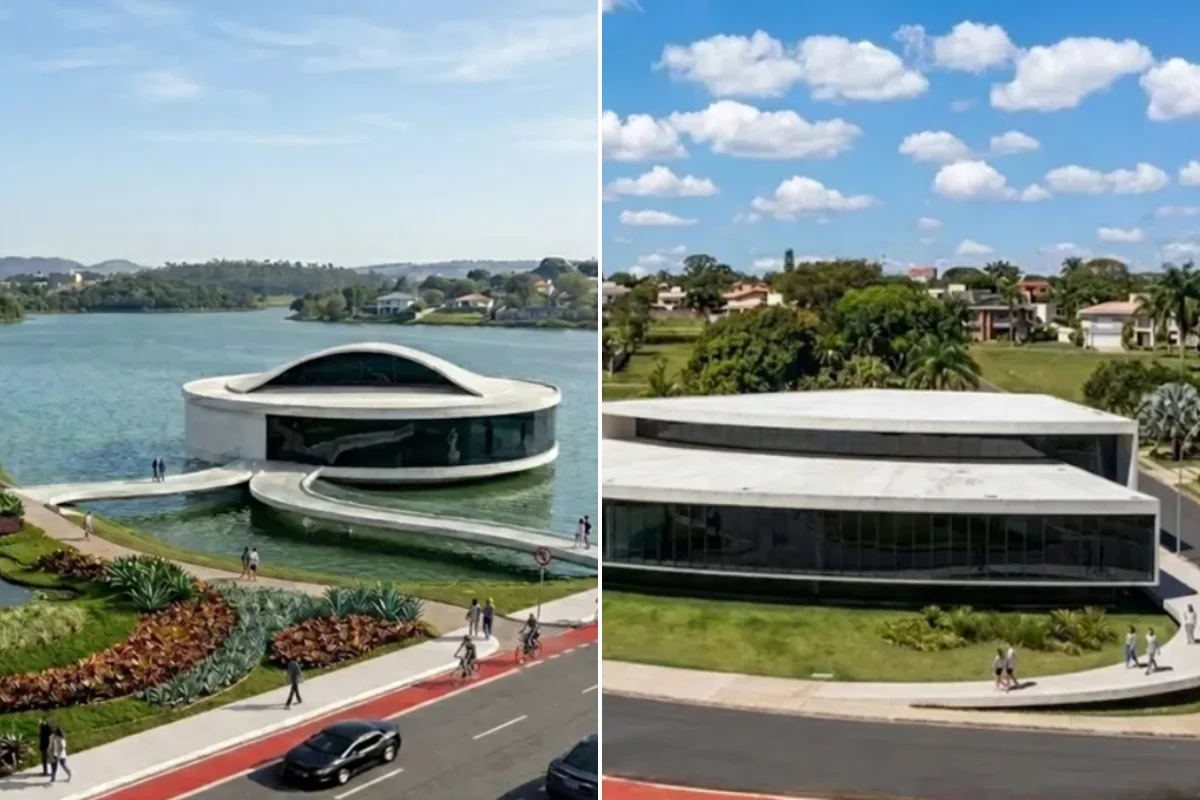 À direita, reconstituição do projeto de 2004, o “disco voador” de Niemeyer sobre a Lagoa da Pampulha; à esquerda, a segunda proposta, de 2007/2008, com um prédio baixo em frente ao MAP. As imagens foram produzidas com Inteligência Artificial (IA) a partir de documentação histórica dos projetos, que nunca saíram do papel.