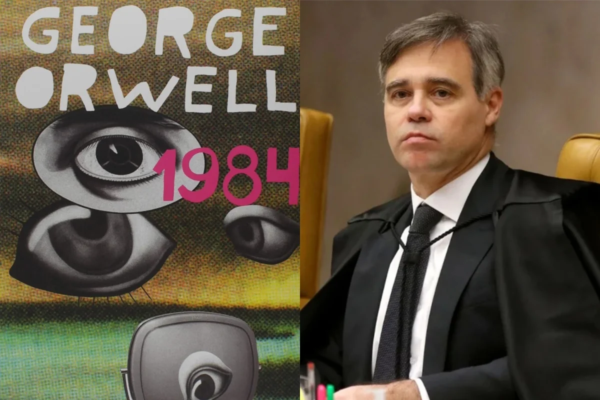 Montagem de imagens mostra a capa do livro 1984, de George Orwell (à esquerda) e o ministro do STF André Mendonça (à direita) - Metrópoles