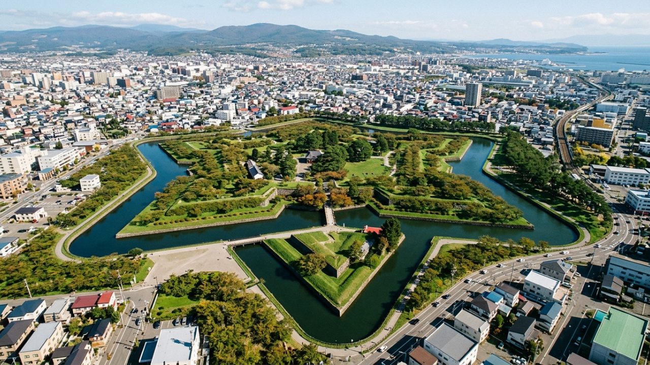 Vista do alto, uma fortaleza japonesa revela uma estrela de cinco pontas inspirada nas defesas europeias para enfrentar uma nova era de armas de fogo