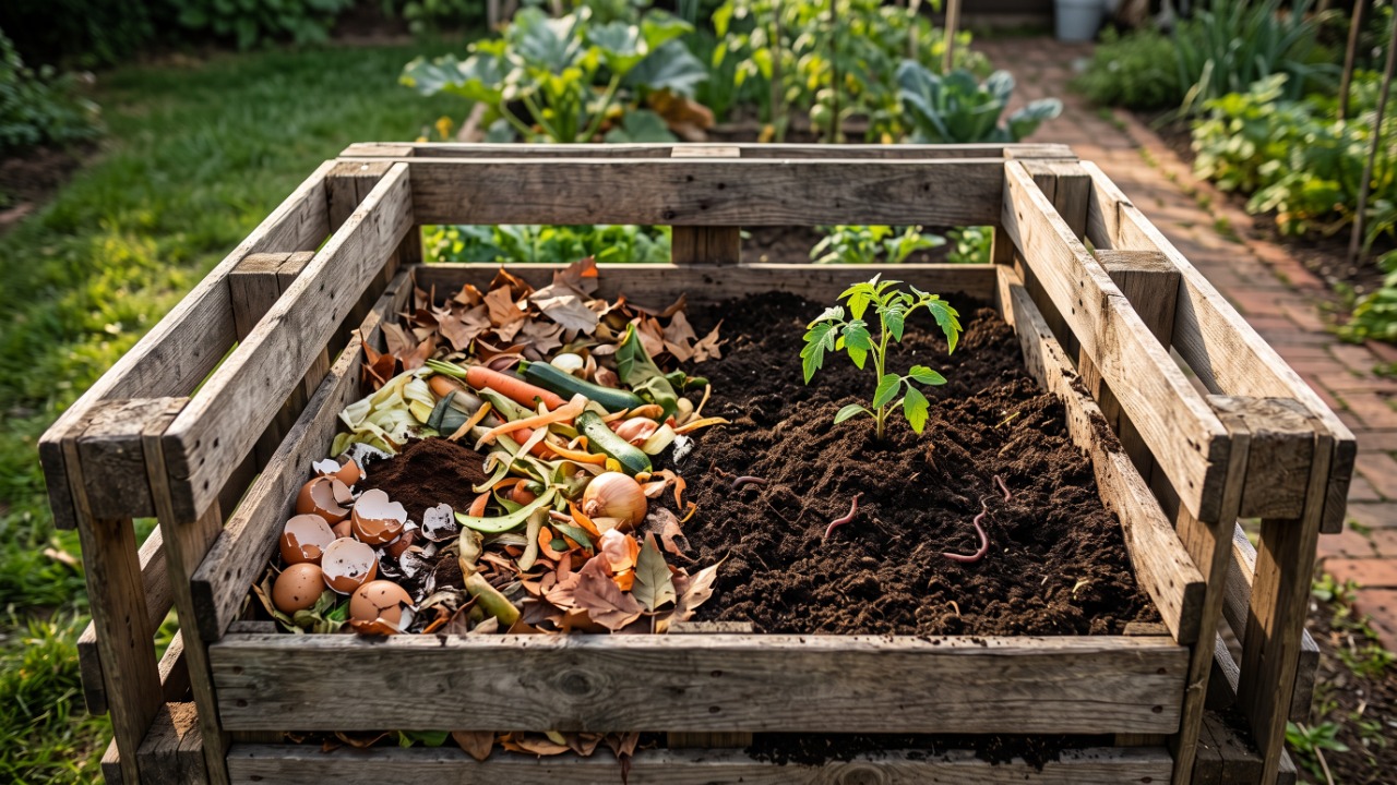 A gambiarra com paletes de madeira montados como paredes que transforma restos de folhas, grama e cozinha em uma composteira ventilada para produzir composto no quintal