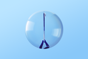 A blue monochromatic illustration of two fingers holding a thin smartphone upright inside a transparent bubble, in front of a blue background.