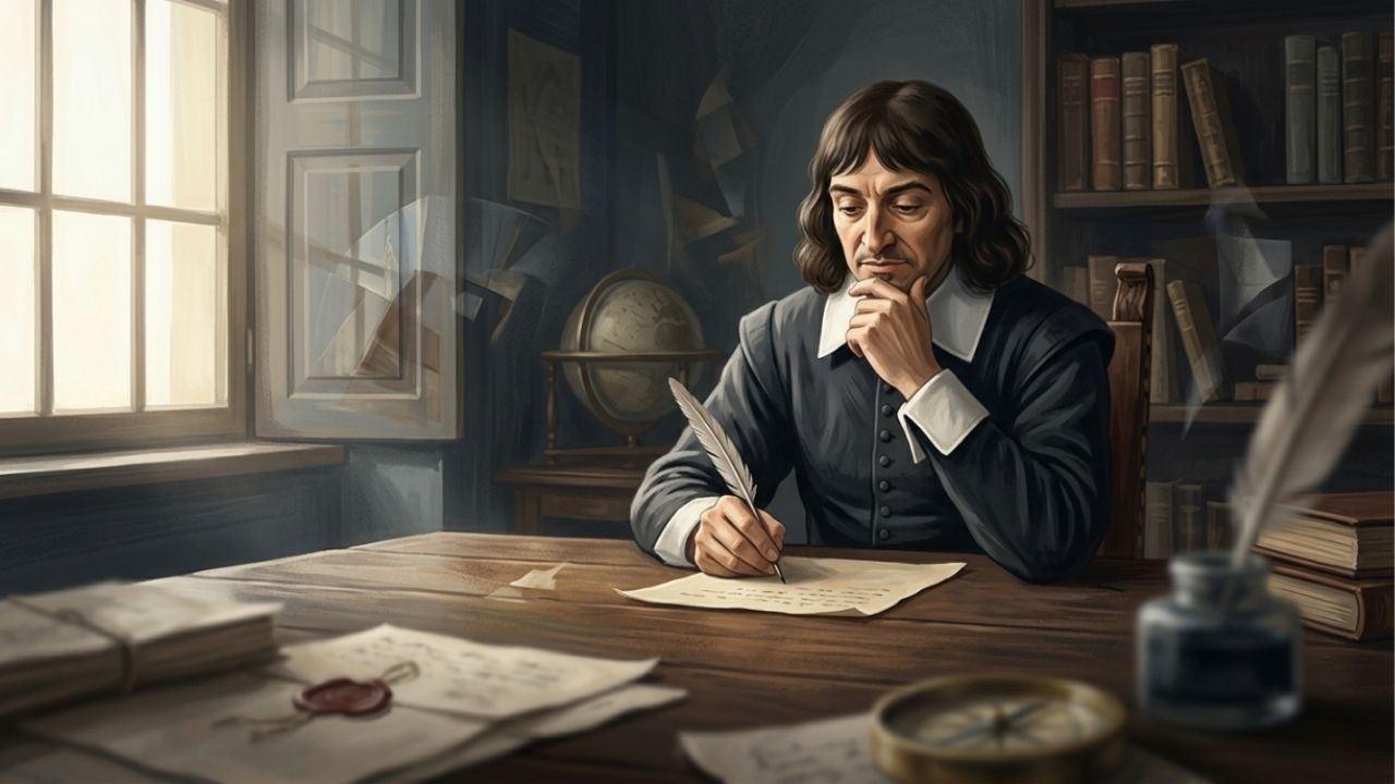 Descartes e o Racionalismo, em reflexão sobre a consciência: “Penso, logo existo.”