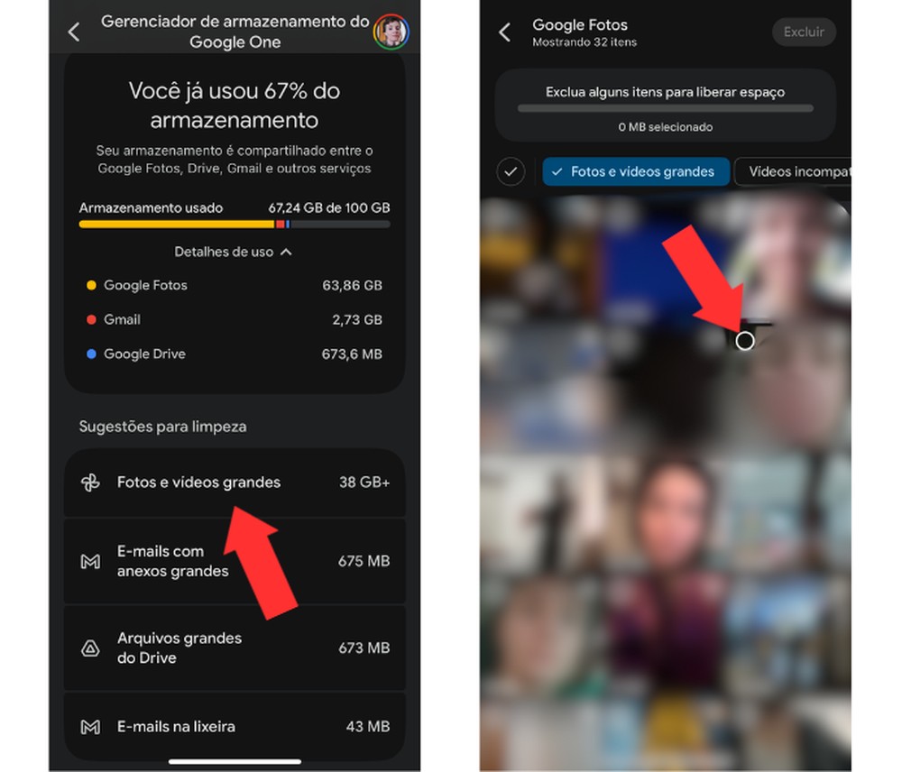 Google Fotos permite identificar fotos e vídeos grandes salvos no telefone — Foto: Reprodução/Mariana Tralback