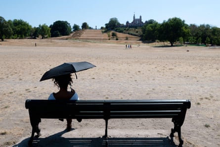 A woman shields herself from the sun with an umbrella while sitting on a bench in Greenwich Park, where the grass is dried to the colour of sand.