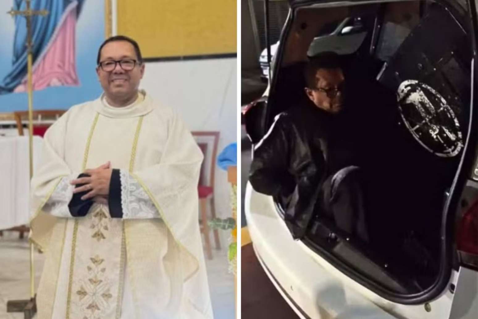 Padre Jucelino durante missa | Padre Jucelino preso na viatura