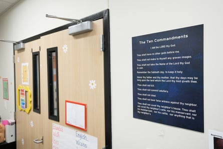 The Ten Commandments posted on a wall in a school.