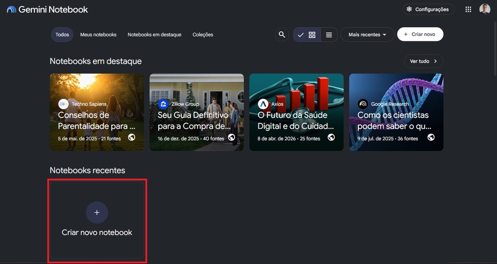 Crie um Notebook do zero antes de gerar um novo podcast — Foto: Reprodução/Gabriel Pereira