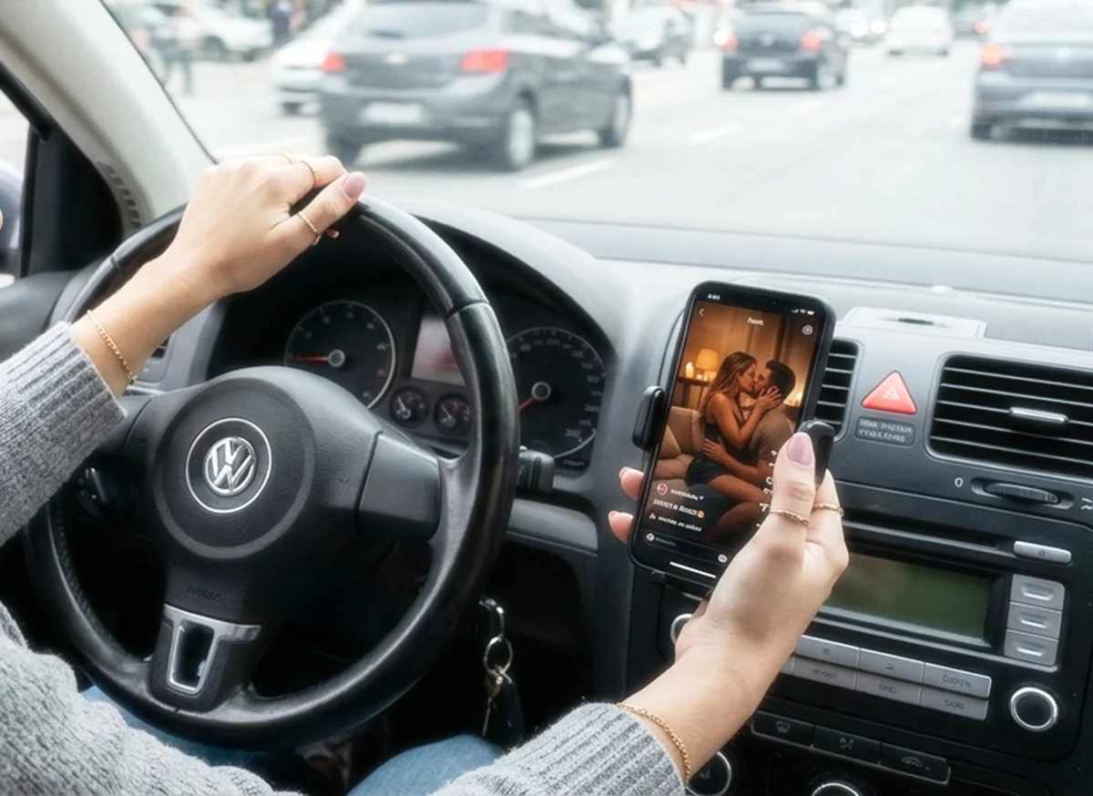 Mulher olha vídeo pornô em celular enquanto dirige carro - Metrópoles