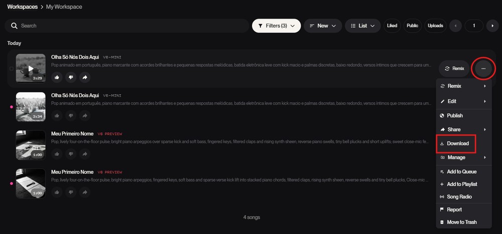Suno gera duas versões da mesma música, escolha sua favorita e faça download — Foto: TechTudo/Késya Holanda