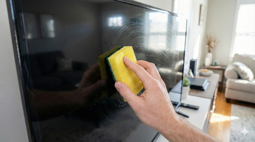 Não utilize esponjas para limpar a tela da TV — Foto: Imagem gerada pelo Nano Banana Pro