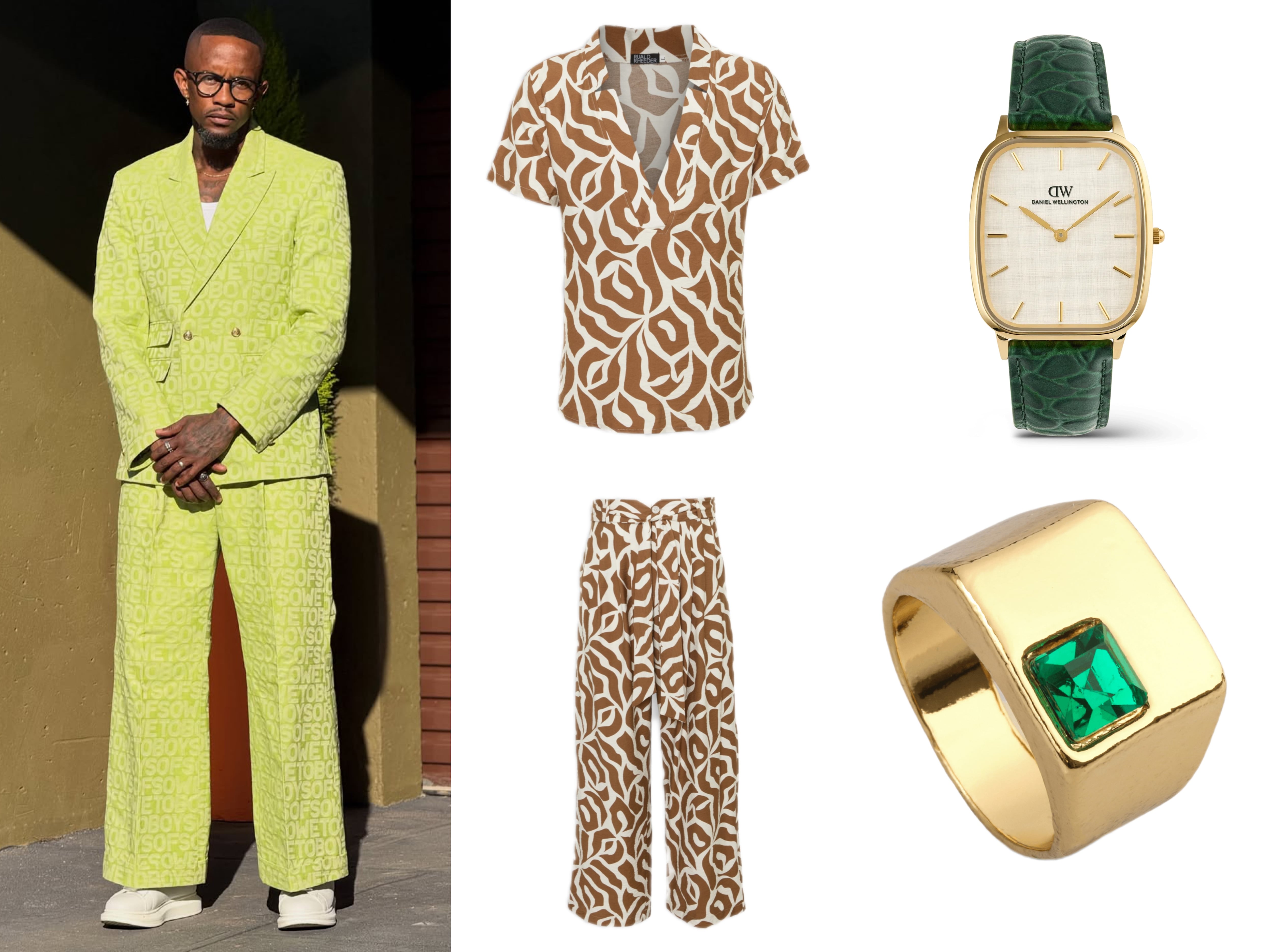 Clockwise: 1. Ruald Rheeder men's brown printed shirt, YDE, R460. 2. Marlon Green Croc Belly, Daniel Wellington, R3,690. 3. Ruald Rheeder men's brown printed pants, YDE, R460. 4. Markham Men's dark emerald crystal gold signet ring, Markham, R79. Picture: Instagram/@LindaMntambo