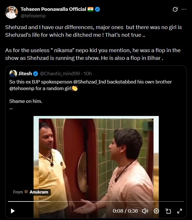 Shehzad não abandonou o irmão por causa de uma garota, diz Tehseen Poonawalla; chama Tej Pratap de fracasso